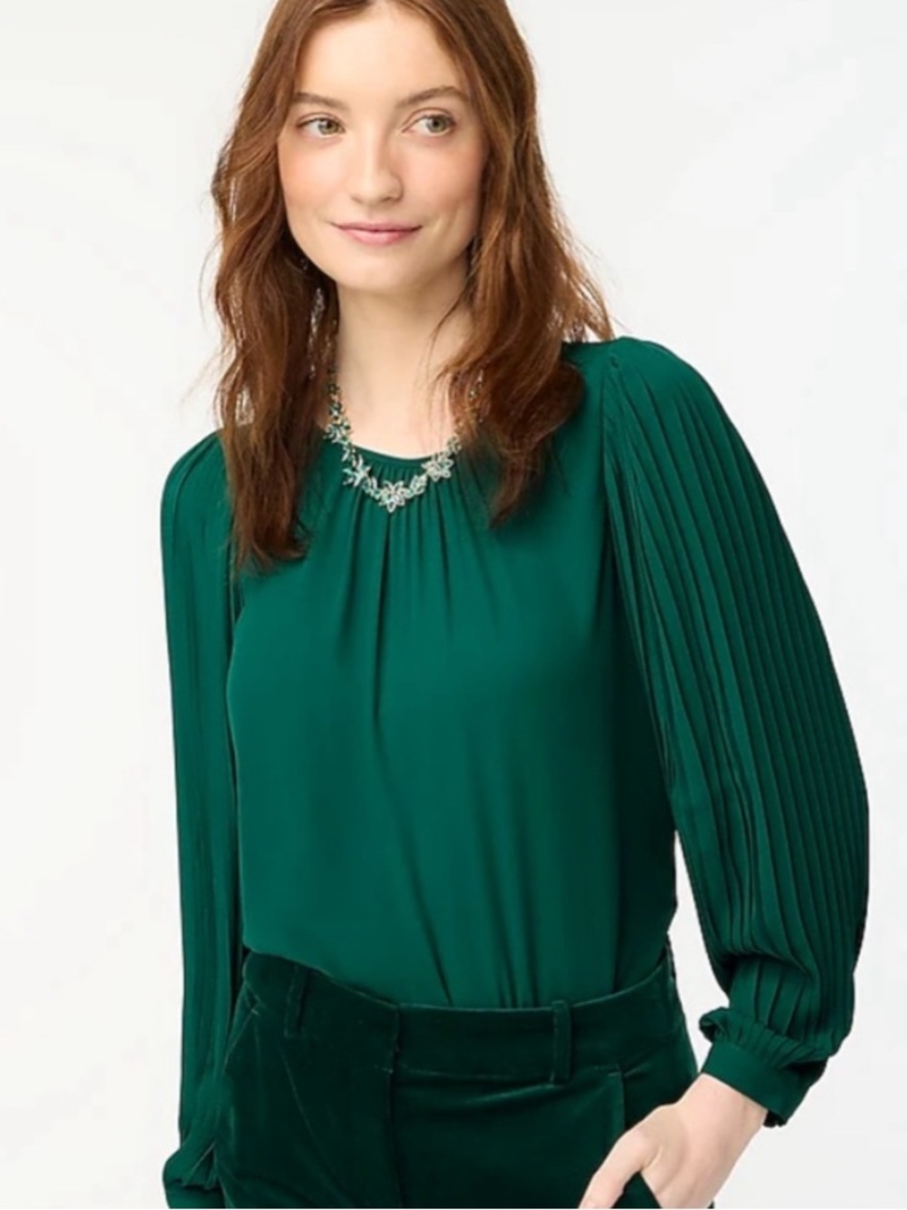 J. Crew Emerald Green Pleated-Sleeve Blouse XXS